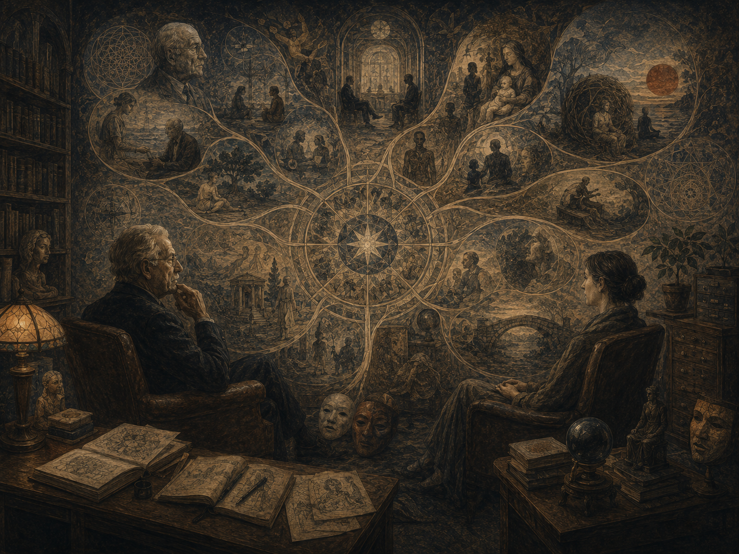 An analyst and analysand sit in a symbolic consulting room as branching mandala pathways unfold into dream scenes, masks, papers, and therapeutic images.