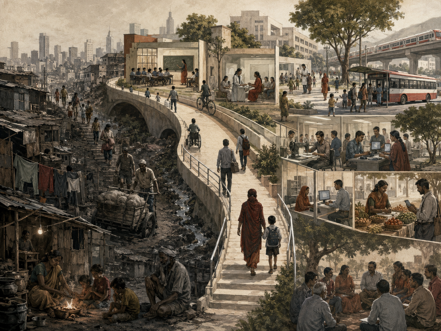 Editorial illustration of poverty and economic inclusion showing precarious housing, families, workers, schools, clinics, transit, training centers, small businesses, and public pathways connecting exclusion to opportunity.
