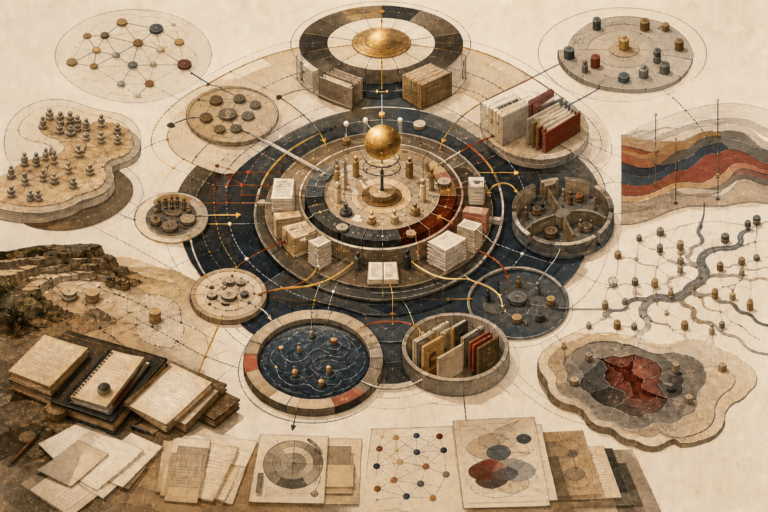 Editorial anthropological illustration showing abstract institutional systems, authority pathways, legitimacy rings, norm grids, archival records, organizational structures, rule-practice layers, and interconnected flows of governance and social order.
