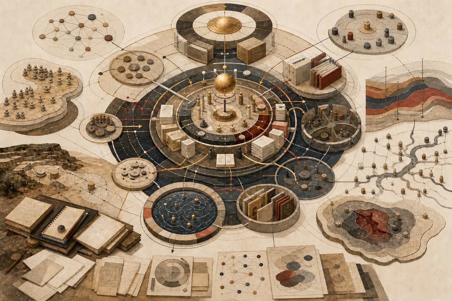 Editorial anthropological illustration showing abstract institutional systems, authority pathways, legitimacy rings, norm grids, archival records, organizational structures, rule-practice layers, and interconnected flows of governance and social order.