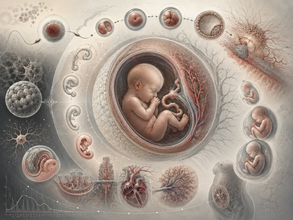 Research-grade illustration of prenatal development showing fertilization, cell division, embryonic growth, fetal development, placental structures, vascular systems, and the earliest biological foundations of human life.