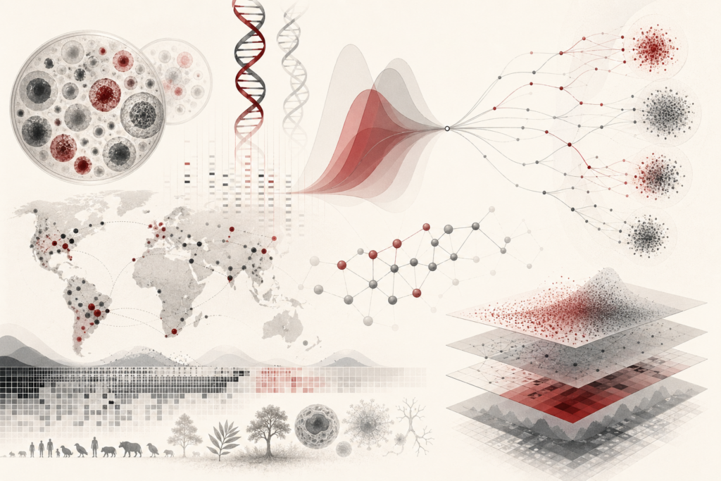 Abstract scientific illustration of probability, variation, and biological inference showing cells, DNA-like strands, ecological sampling points, molecular nodes, uncertainty bands, population distributions, branching inference pathways, and layered data patterns without text or labels.
