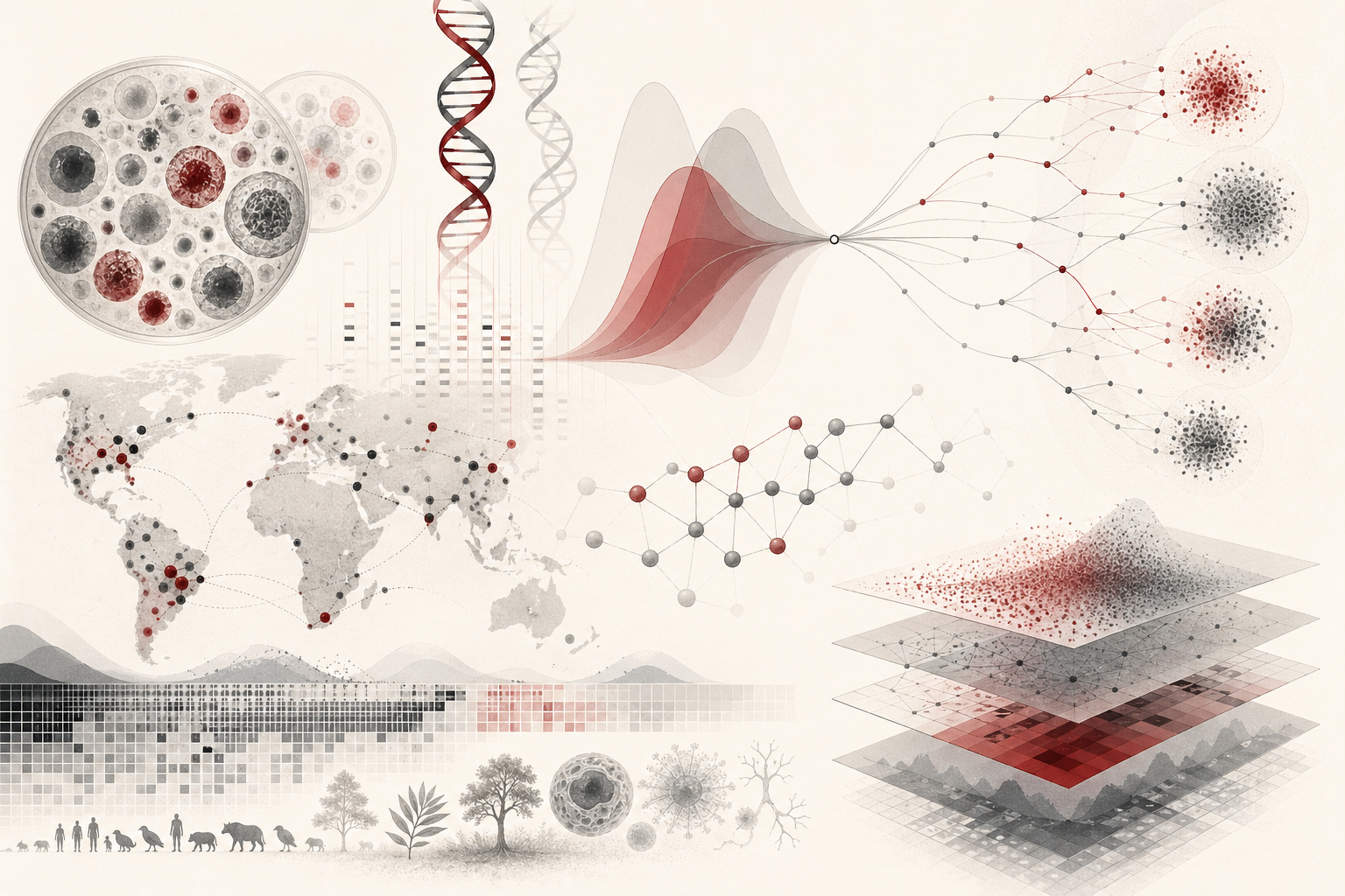 Abstract scientific illustration of probability, variation, and biological inference showing cells, DNA-like strands, ecological sampling points, molecular nodes, uncertainty bands, population distributions, branching inference pathways, and layered data patterns without text or labels.
