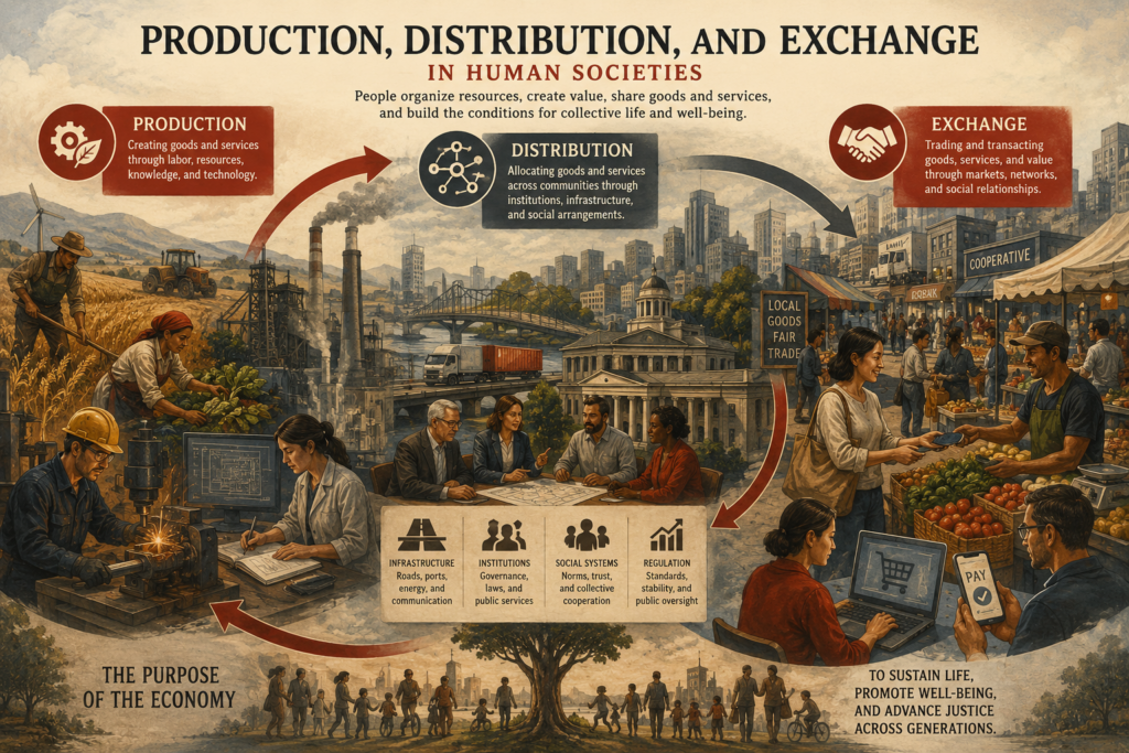 Painterly illustration of production, distribution, and exchange, showing farming, craft work, manufacturing, shipping, rail transport, markets, trade, community life, and global economic interconnection.