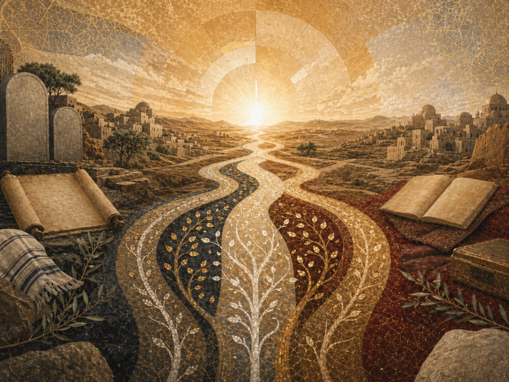 Editorial illustration showing Judaism, Christianity, and Islam as interwoven Abrahamic traditions through a shared luminous horizon, manuscript forms, sacred pathways, and balanced symbolic landscapes.