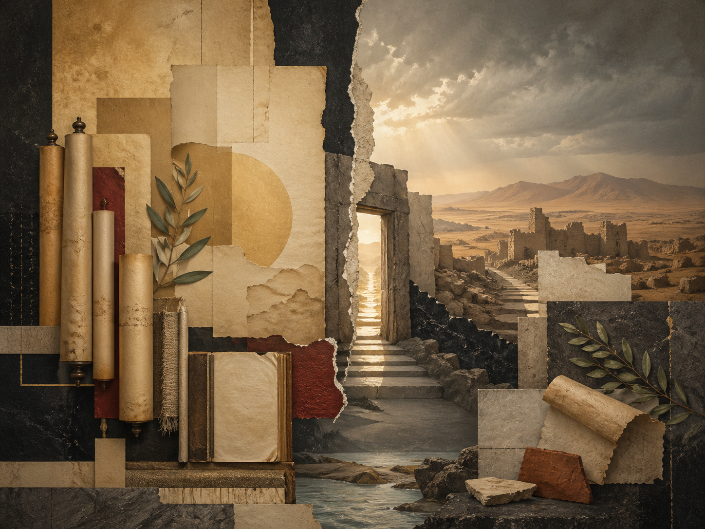 Non-figurative editorial illustration of layered parchment, scrolls, manuscript fragments, ruined stone structures, desert horizons, and a luminous pathway representing prophecy, exile, lament, restoration, and sacred memory.