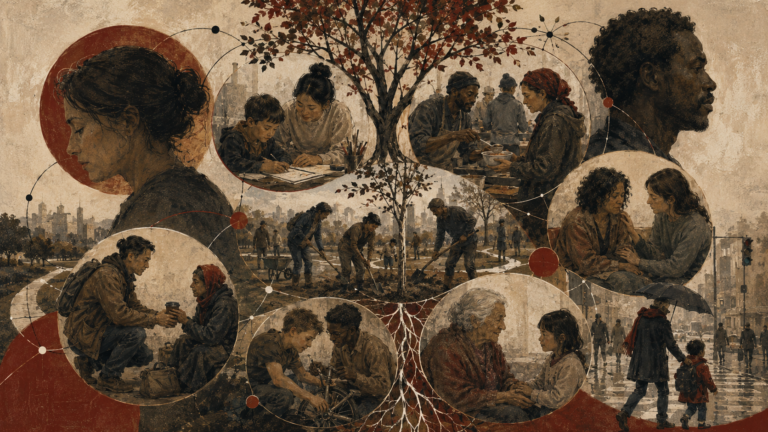 Painterly illustration of prosocial behavior and altruism, showing people helping, teaching, listening, sharing food, repairing, caregiving, walking together, and building community under a rooted tree.