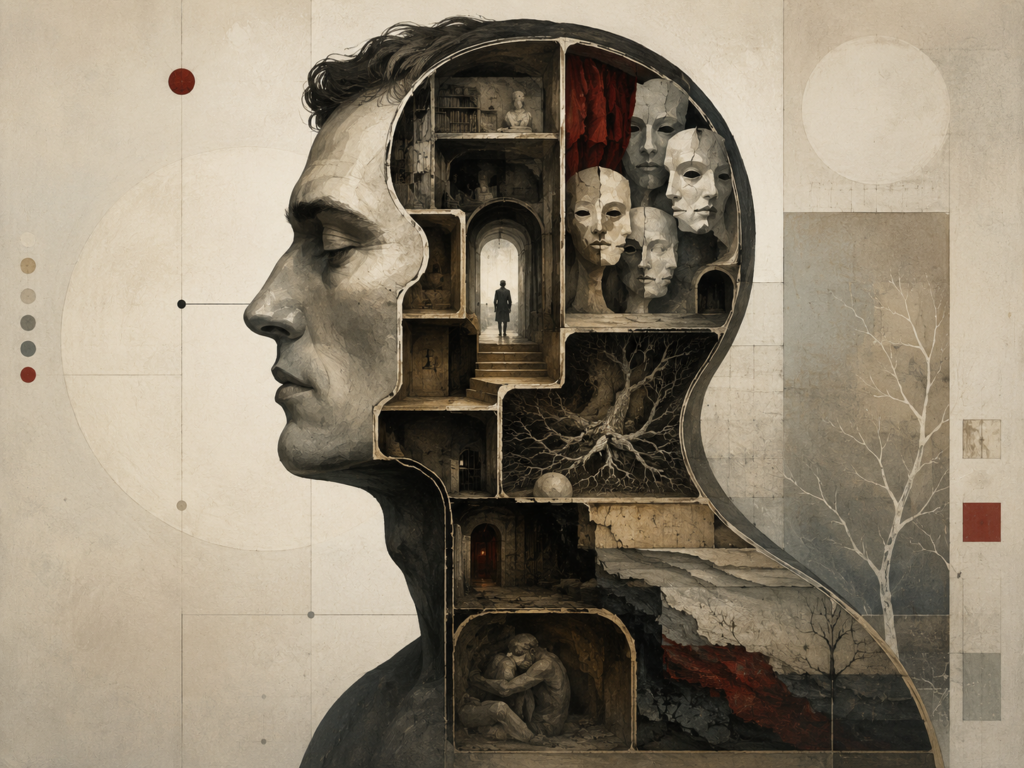 Restrained institutional illustration of a human profile with an exposed inner architecture of rooms, masks, roots, corridors, and shadowed chambers representing psychodynamic personality structure.