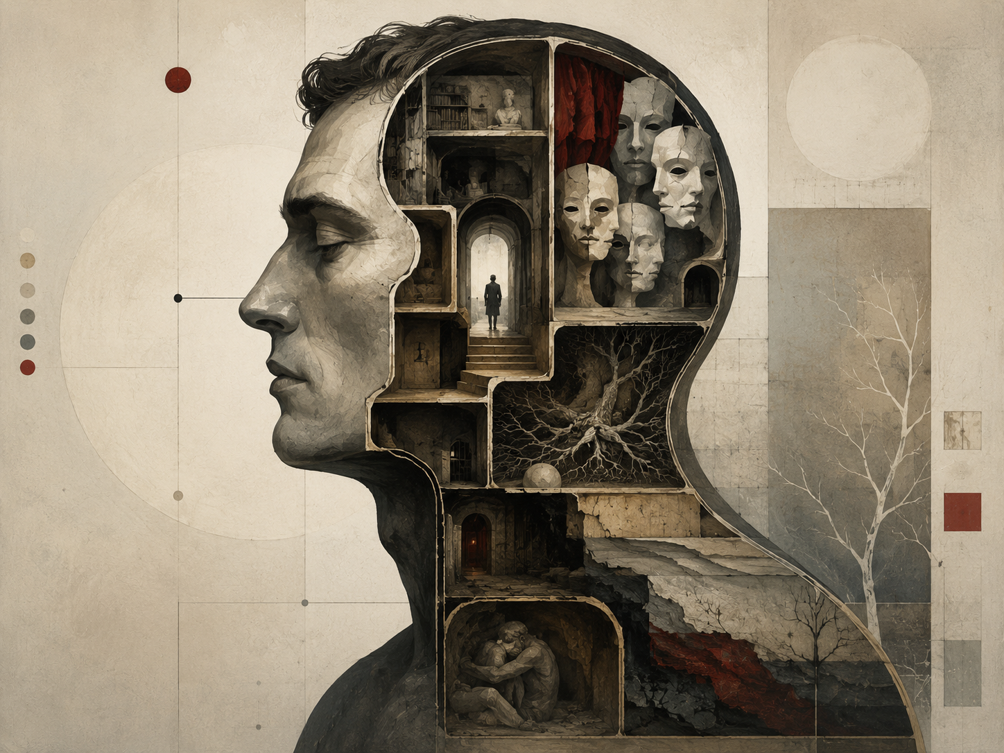 Restrained institutional illustration of a human profile with an exposed inner architecture of rooms, masks, roots, corridors, and shadowed chambers representing psychodynamic personality structure.