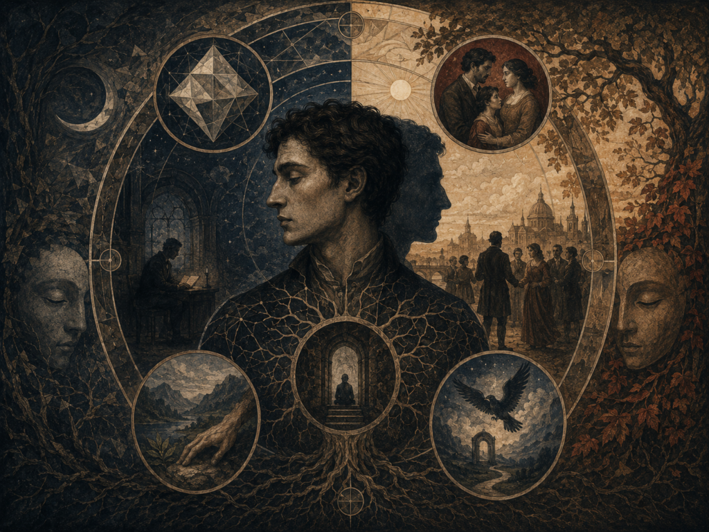 A central figure stands between shadowed inward space and outward social light, surrounded by symbolic circles for sensing, intuition, thinking, and feeling.
