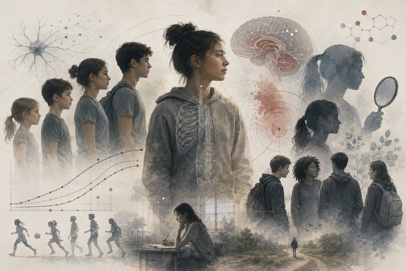 Research-grade illustration of adolescent transition showing sequential figures moving from late childhood into adolescence, with subtle physiological overlays, brain and growth motifs, self-reflection, peer interaction, and emerging identity.