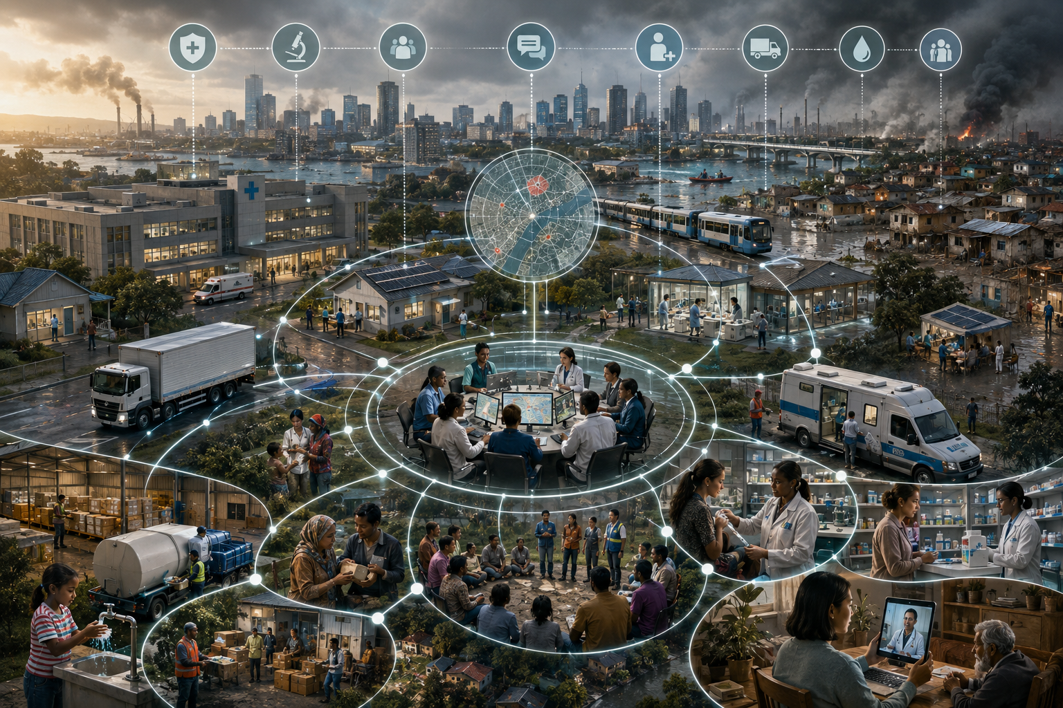 Editorial illustration showing hospitals, clinics, laboratories, community outreach, supply chains, mobile health units, and vulnerable neighborhoods linked across a city under public-health and environmental stress.