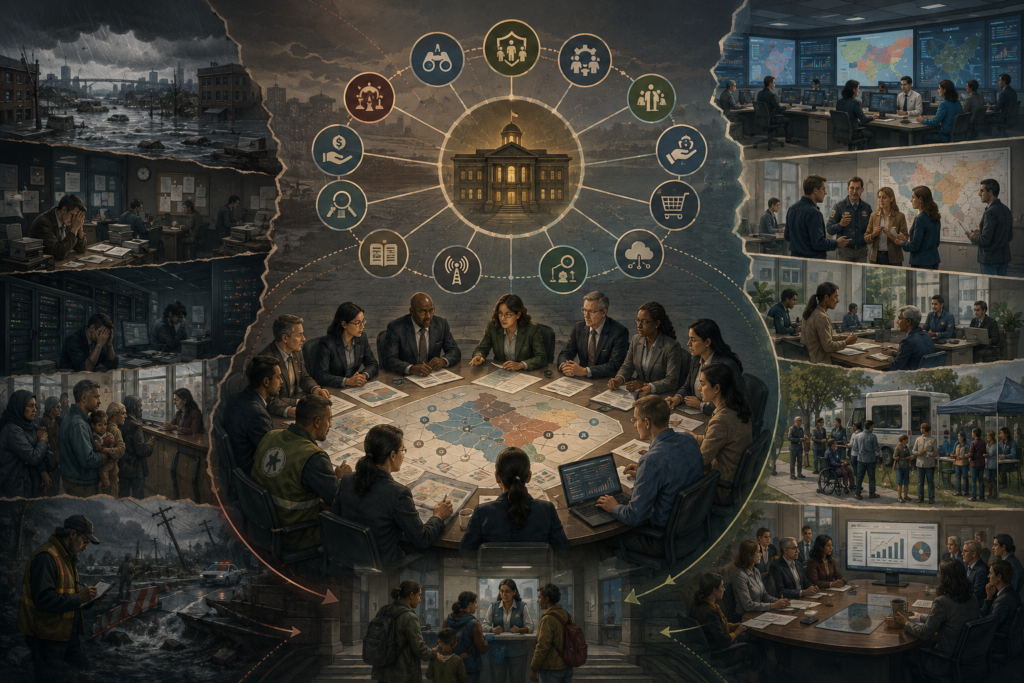 Editorial systems illustration showing public officials, emergency managers, budget analysts, procurement officers, health leaders, community advocates, and frontline workers coordinating essential public services under stress.