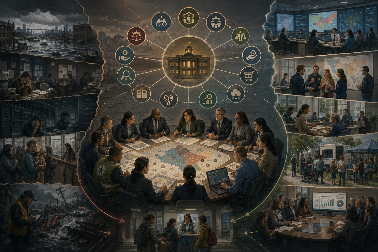 Editorial systems illustration showing public officials, emergency managers, budget analysts, procurement officers, health leaders, community advocates, and frontline workers coordinating essential public services under stress.