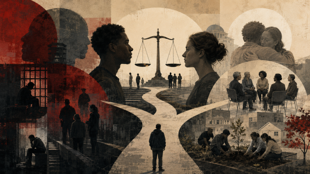 Editorial illustration of punishment, forgiveness, and moral repair, showing justice scales, separated figures, prison imagery, reconciliation scenes, community dialogue, and people restoring a shared space.