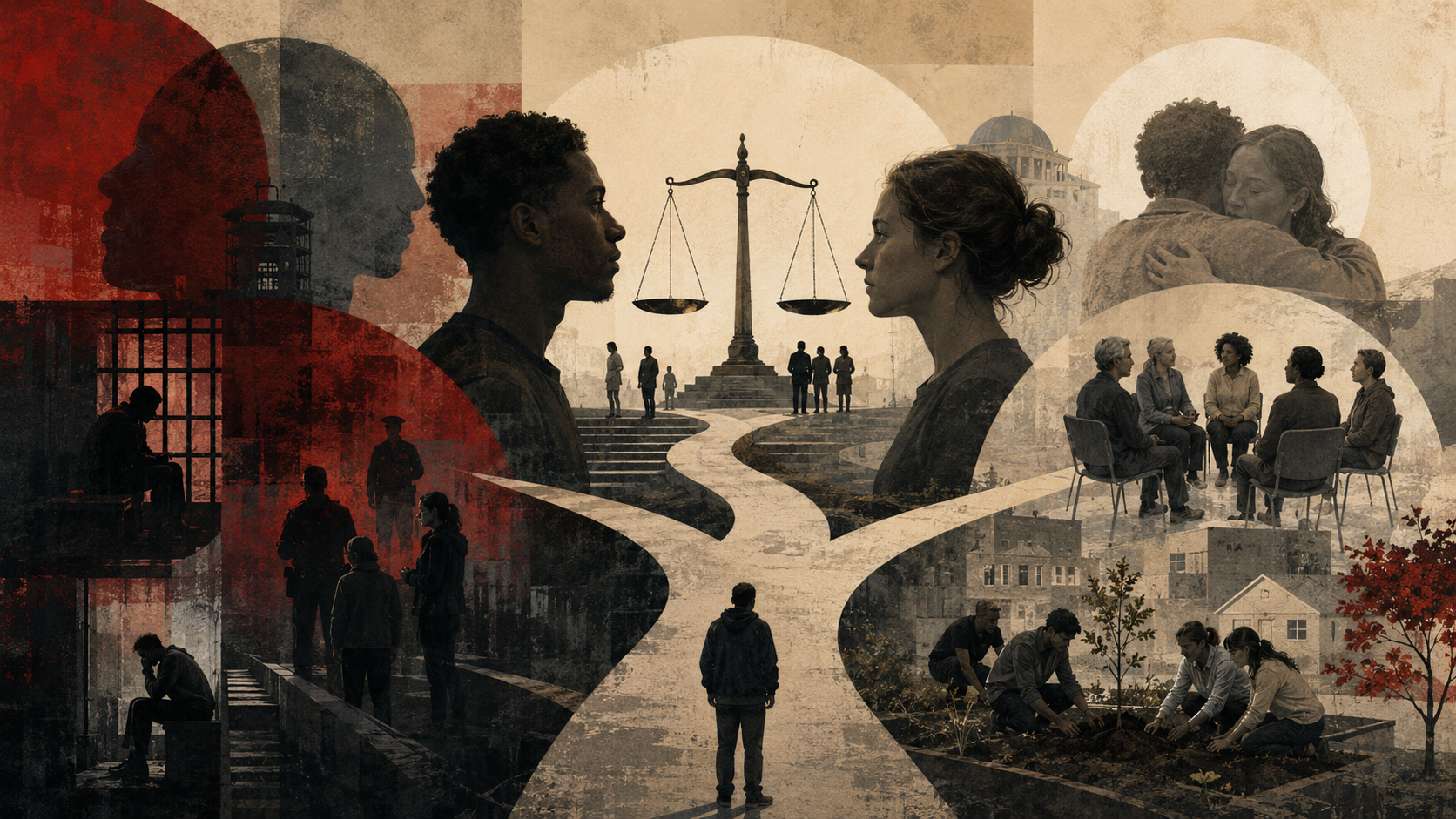 Editorial illustration of punishment, forgiveness, and moral repair, showing justice scales, separated figures, prison imagery, reconciliation scenes, community dialogue, and people restoring a shared space.
