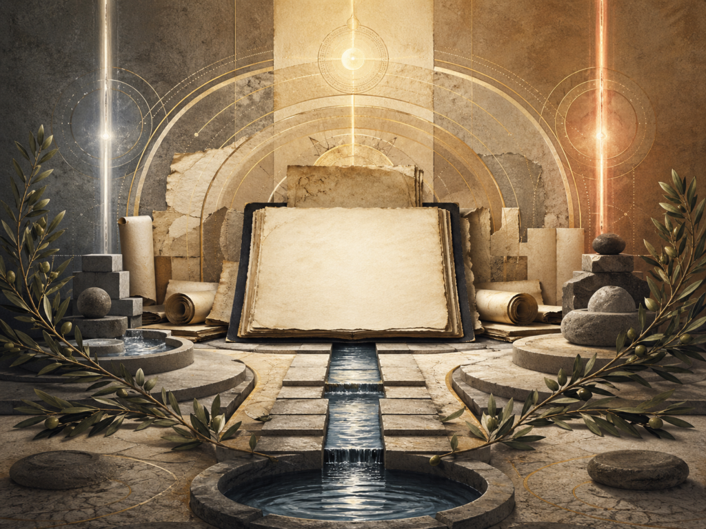 Non-figurative editorial illustration of blank manuscripts, scrolls, water channels, olive branches, stone thresholds, luminous pathways, and sacred geometry representing purity, prayer, and sacred discipline in Judaism, Christianity, and Islam.