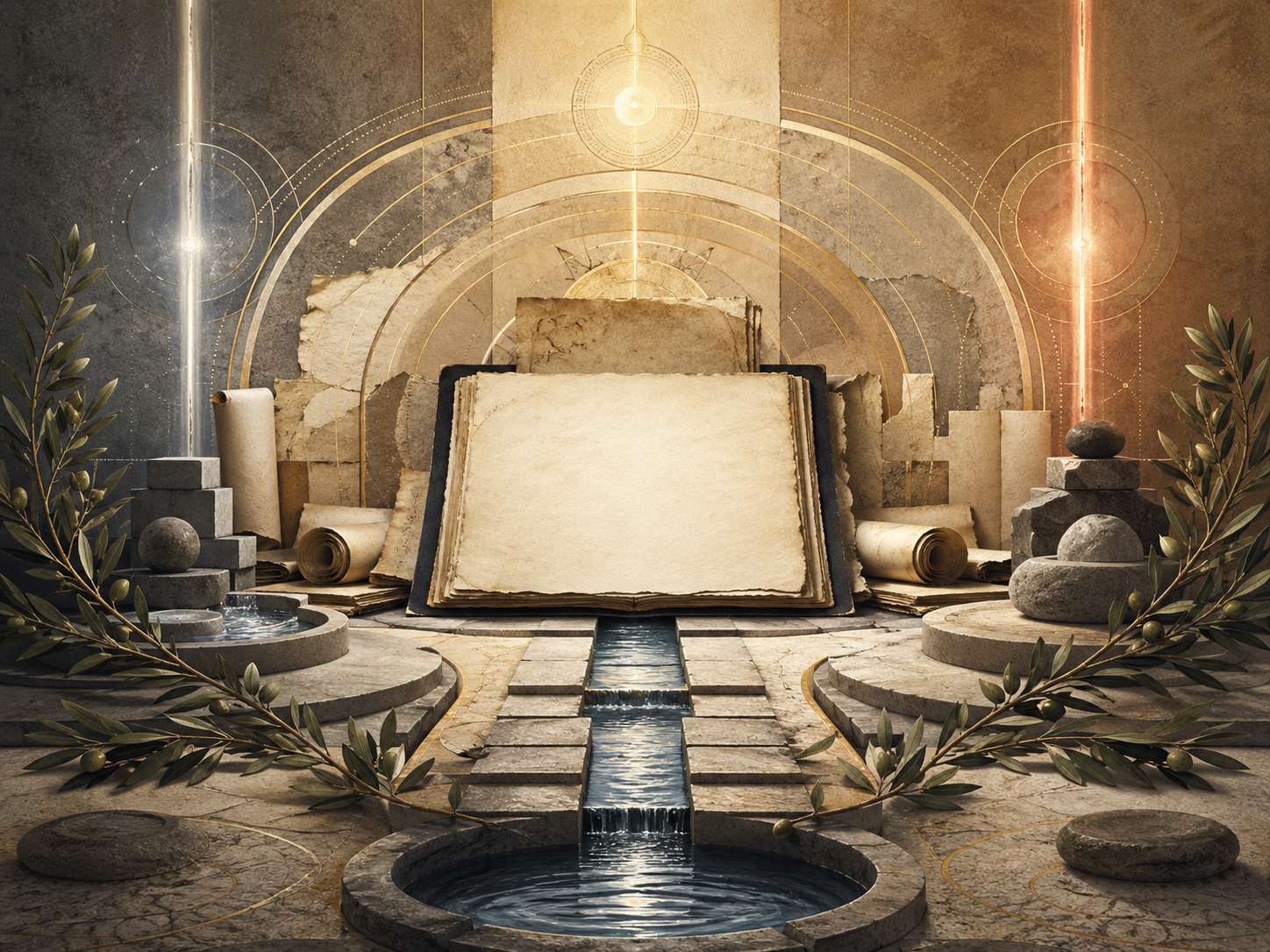 Non-figurative editorial illustration of blank manuscripts, scrolls, water channels, olive branches, stone thresholds, luminous pathways, and sacred geometry representing purity, prayer, and sacred discipline in Judaism, Christianity, and Islam.