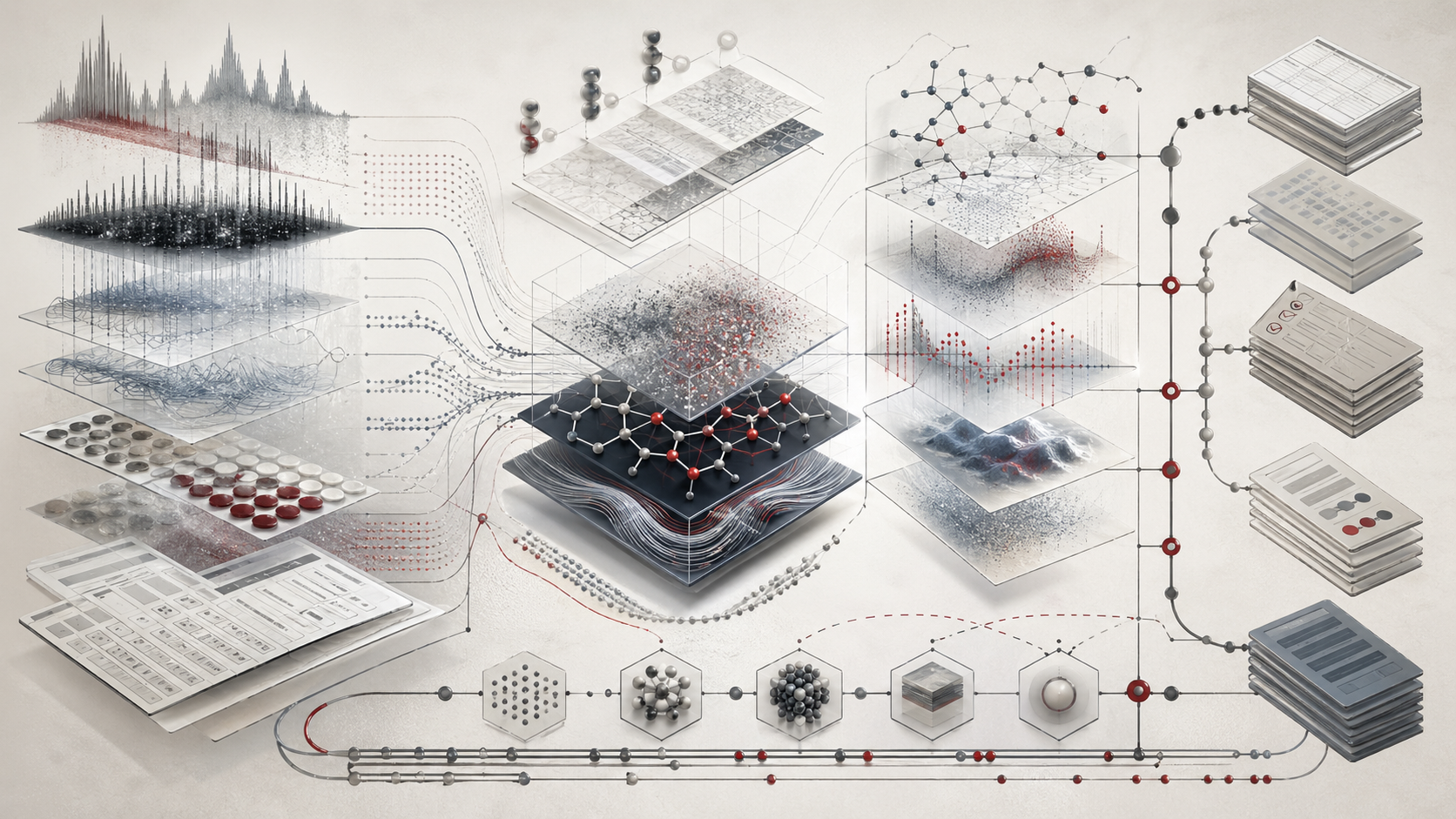Abstract editorial scientific illustration of Python for chemistry, simulation, and laboratory data, showing laboratory data layers, spectral signal textures, calibration-standard clusters, molecular network motifs, simulation pathways, structured data planes, metadata records, quality-control checkpoints, provenance chains, and reproducible workflow pipelines in cream, gray, black, blue-gray, and deep red.