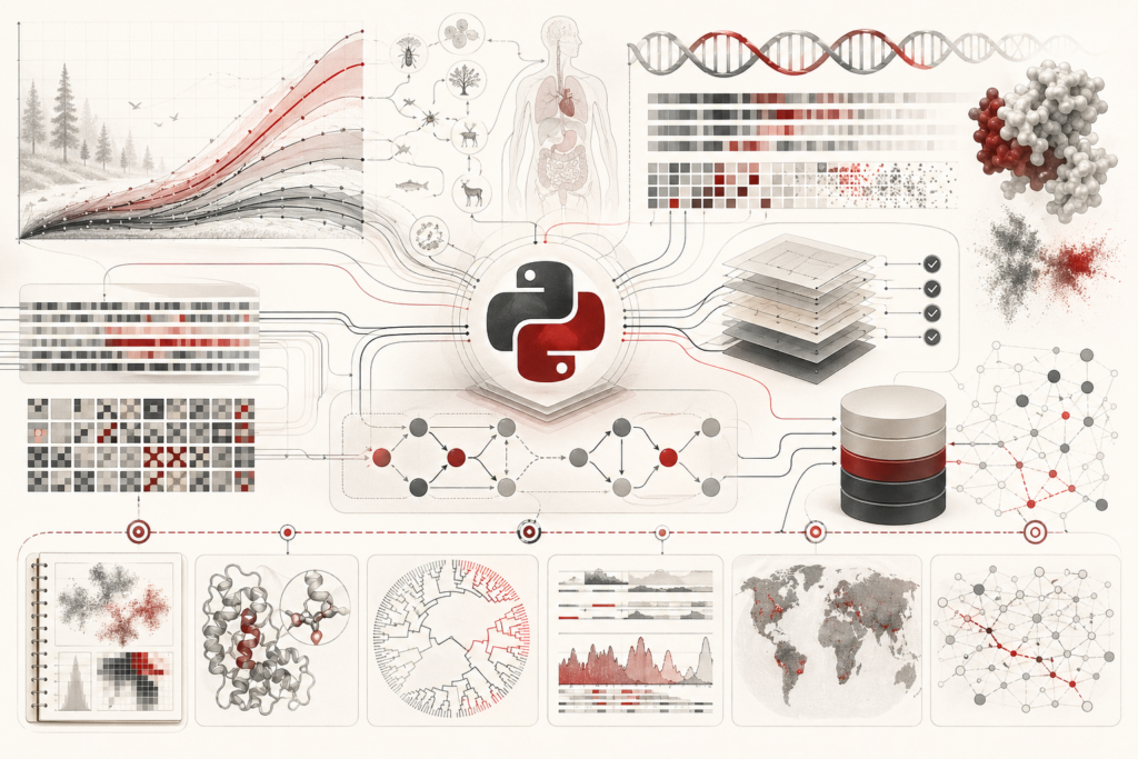 Abstract scientific illustration of Python for simulation, bioinformatics, and scientific workflows showing biological simulation trajectories, DNA-like structures, sequence-analysis motifs, metadata layers, validation checkpoints, workflow nodes, database forms, provenance pathways, and reproducible scientific pipelines without text or labels.