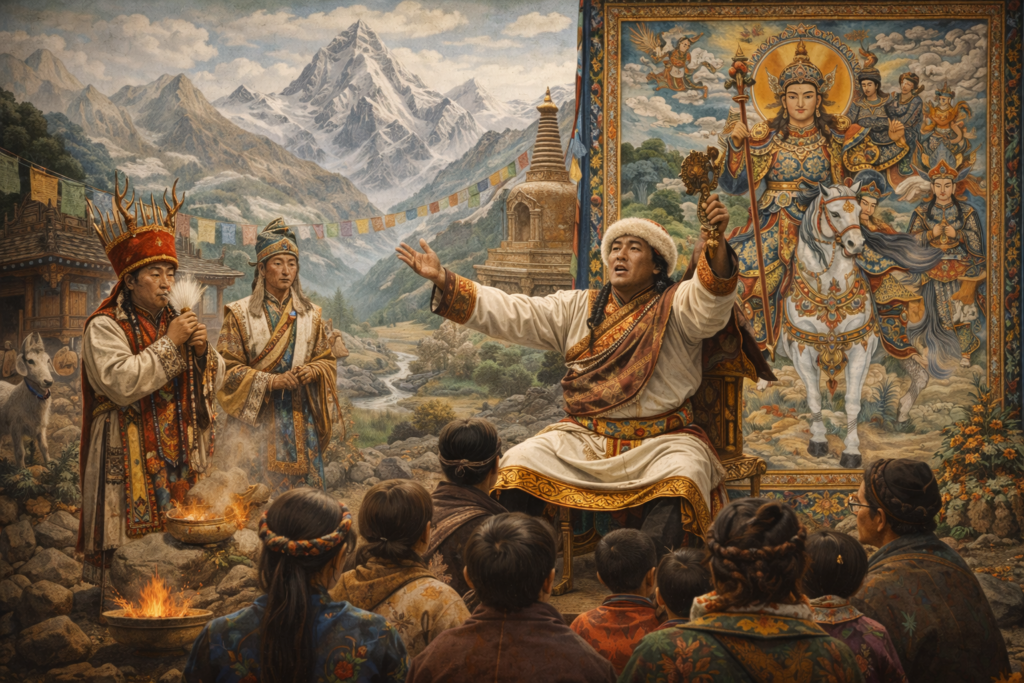 Mountain ritual scene inspired by Qiang and Tibetan traditions, with ceremonial figures, bardic performance, sacred thangka imagery, prayer flags, and gathered community.