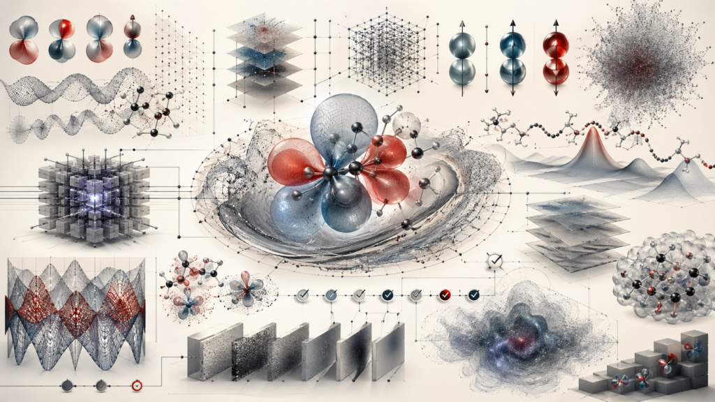 Abstract editorial scientific illustration of quantum chemistry and electronic structure, showing molecular orbital lobes, electron-density clouds, wavefunction-like fields, basis-function grids, spin-state motifs, energy landscapes, transition-state surfaces, solvation textures, periodic lattice structures, uncertainty clouds, and electronic-structure workflows in cream, gray, black, blue-gray, and deep red.