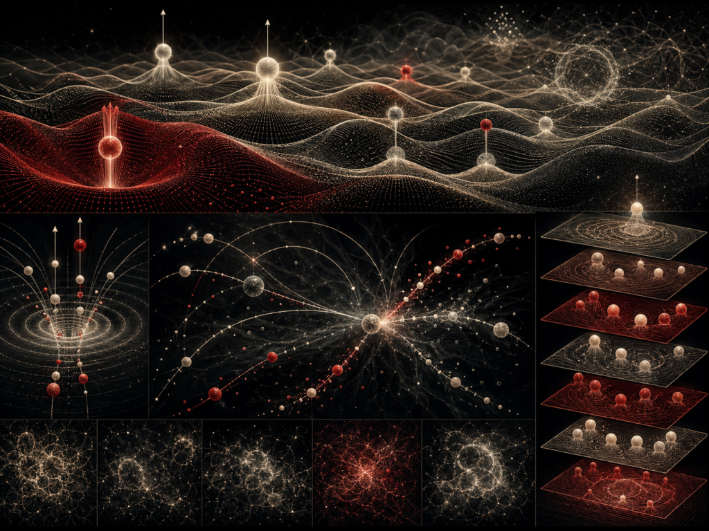 Editorial scientific illustration showing layered quantum field surfaces, particle-like excitations, propagator arcs, scattering pathways, Fock-space-like stacked states, and vacuum fluctuation textures.