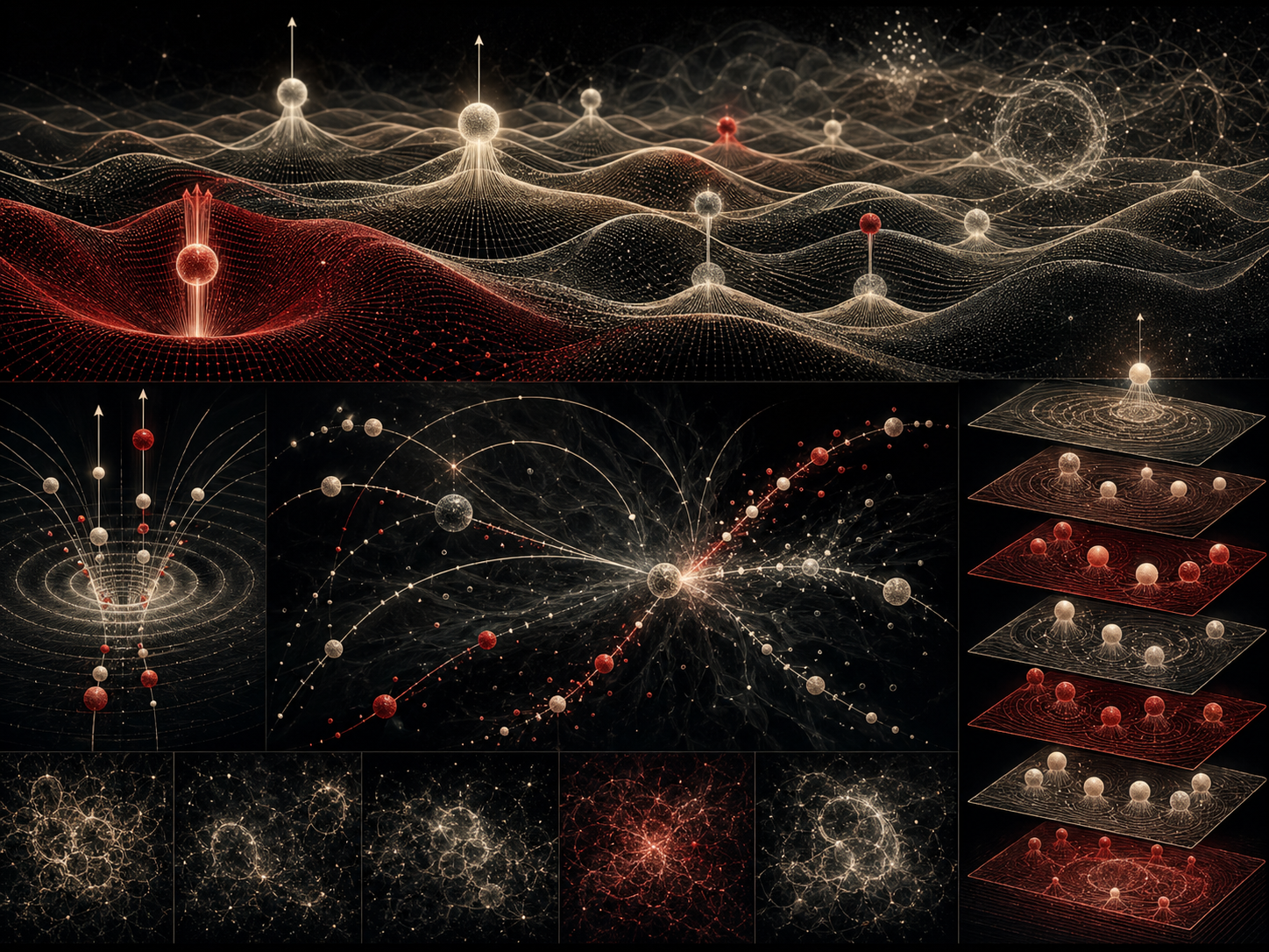 Editorial scientific illustration showing layered quantum field surfaces, particle-like excitations, propagator arcs, scattering pathways, Fock-space-like stacked states, and vacuum fluctuation textures.