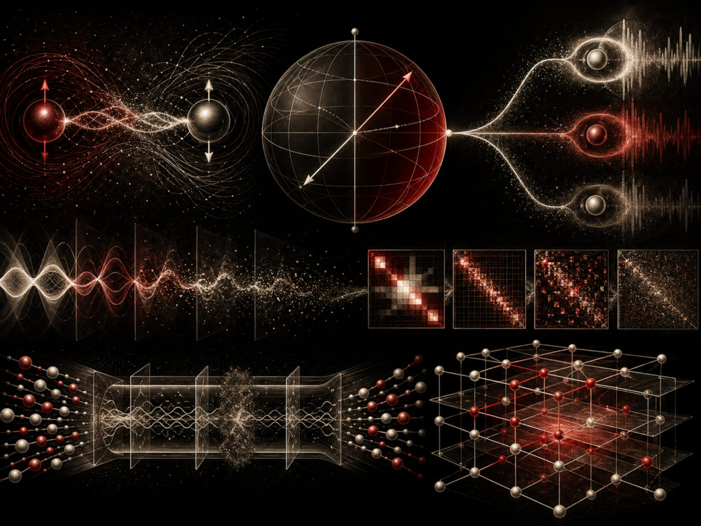 Editorial scientific illustration showing abstract qubits, entangled particles, Bloch-sphere geometry, branching measurement paths, fading coherence waves, matrix-like textures, and lattice structures.