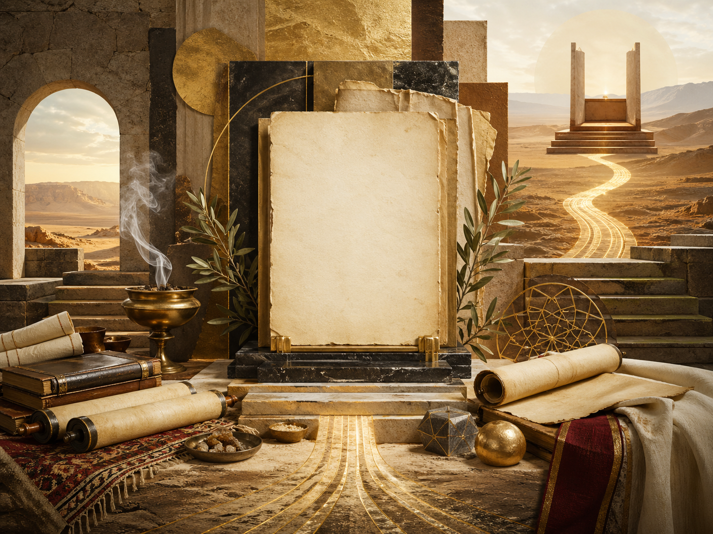 Non-figurative editorial illustration of blank parchment, scrolls, gold-toned manuscripts, desert stone thresholds, olive branches, incense, luminous pathways, and an empty throne-like architectural space representing the Queen of Sheba in biblical and Qur’anic sacred history.