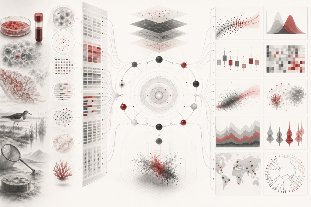Abstract scientific illustration of R for biological data analysis and visualization showing biological samples, ecological field data, cellular structures, data matrices, statistical plots, uncertainty bands, workflow nodes, metadata layers, and reproducible visualization panels without text or labels.
