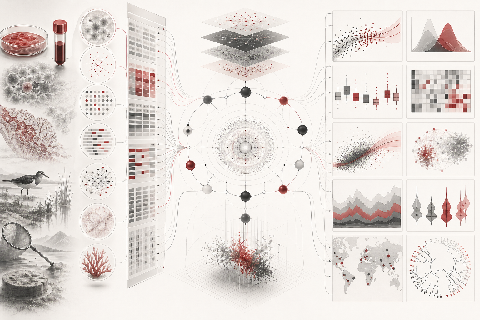 Abstract scientific illustration of R for biological data analysis and visualization showing biological samples, ecological field data, cellular structures, data matrices, statistical plots, uncertainty bands, workflow nodes, metadata layers, and reproducible visualization panels without text or labels.