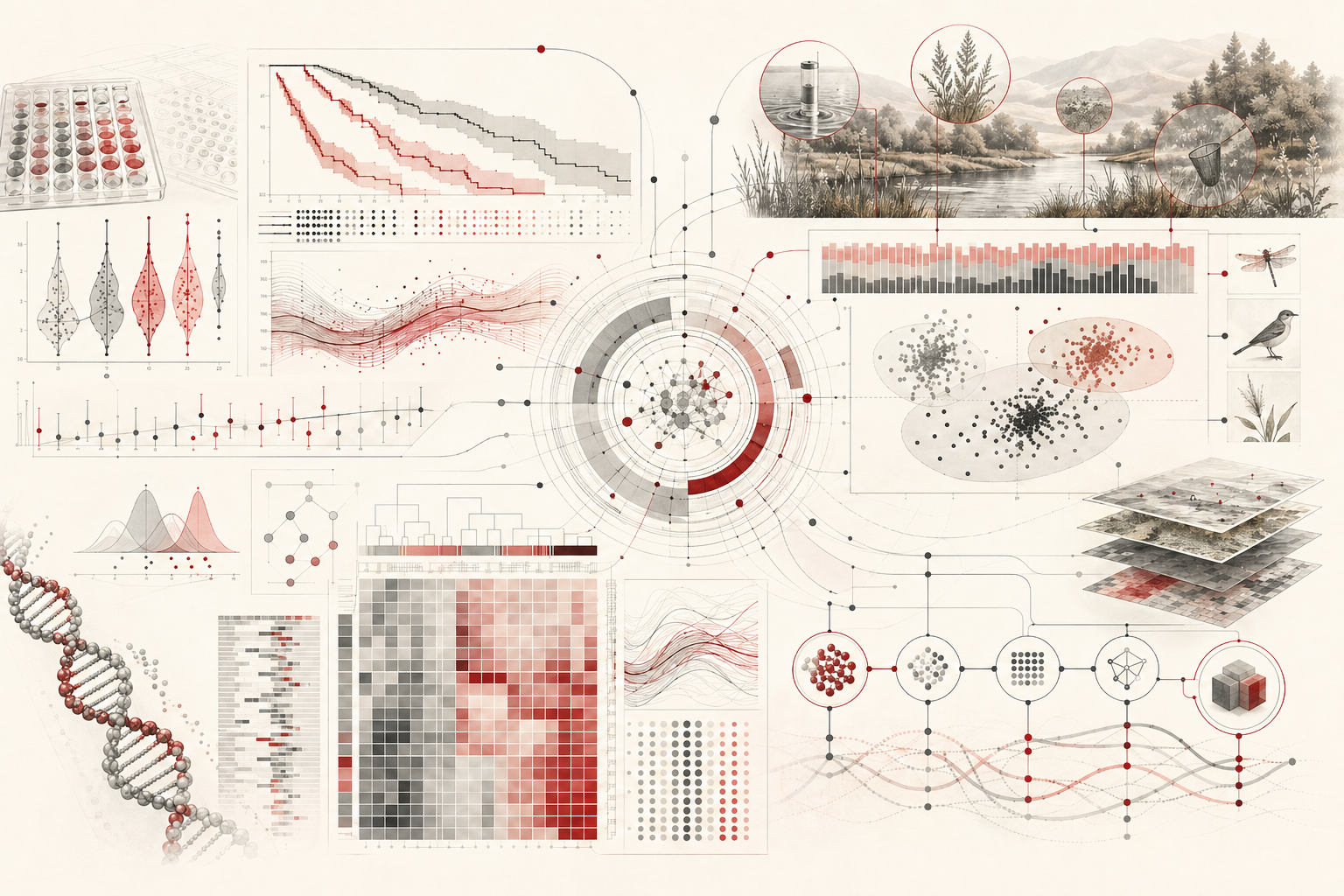 Abstract scientific illustration of R for biostatistics, ecology, and genomics showing experimental assay data, statistical model panels, ecological sampling motifs, ordination-like clusters, genomic count matrices, DNA-like structures, heatmap forms, metadata layers, workflow nodes, and reproducible analysis pathways without text or labels.