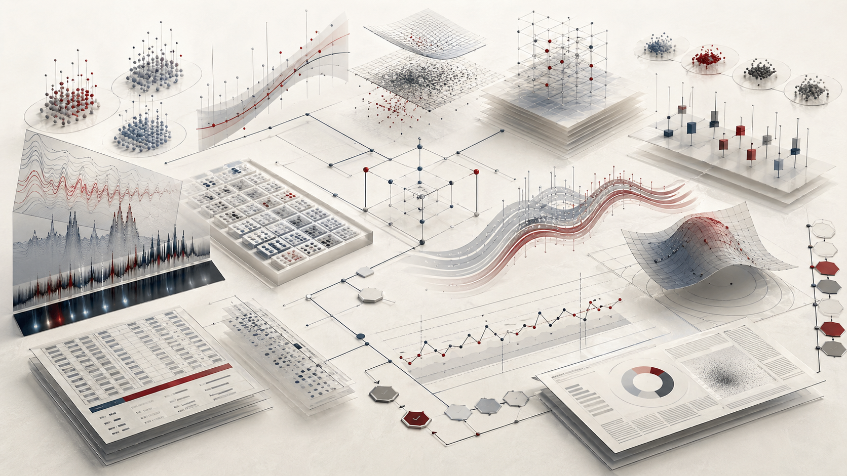 Abstract editorial scientific illustration of R for chemistry, statistics, and experimental analysis, showing replicate measurement clusters, calibration pathways, uncertainty bands, regression surfaces, residual clouds, experimental design grids, quality-control checkpoints, spectral data layers, statistical reports, and reproducible analytical workflows in cream, gray, black, blue-gray, and deep red.