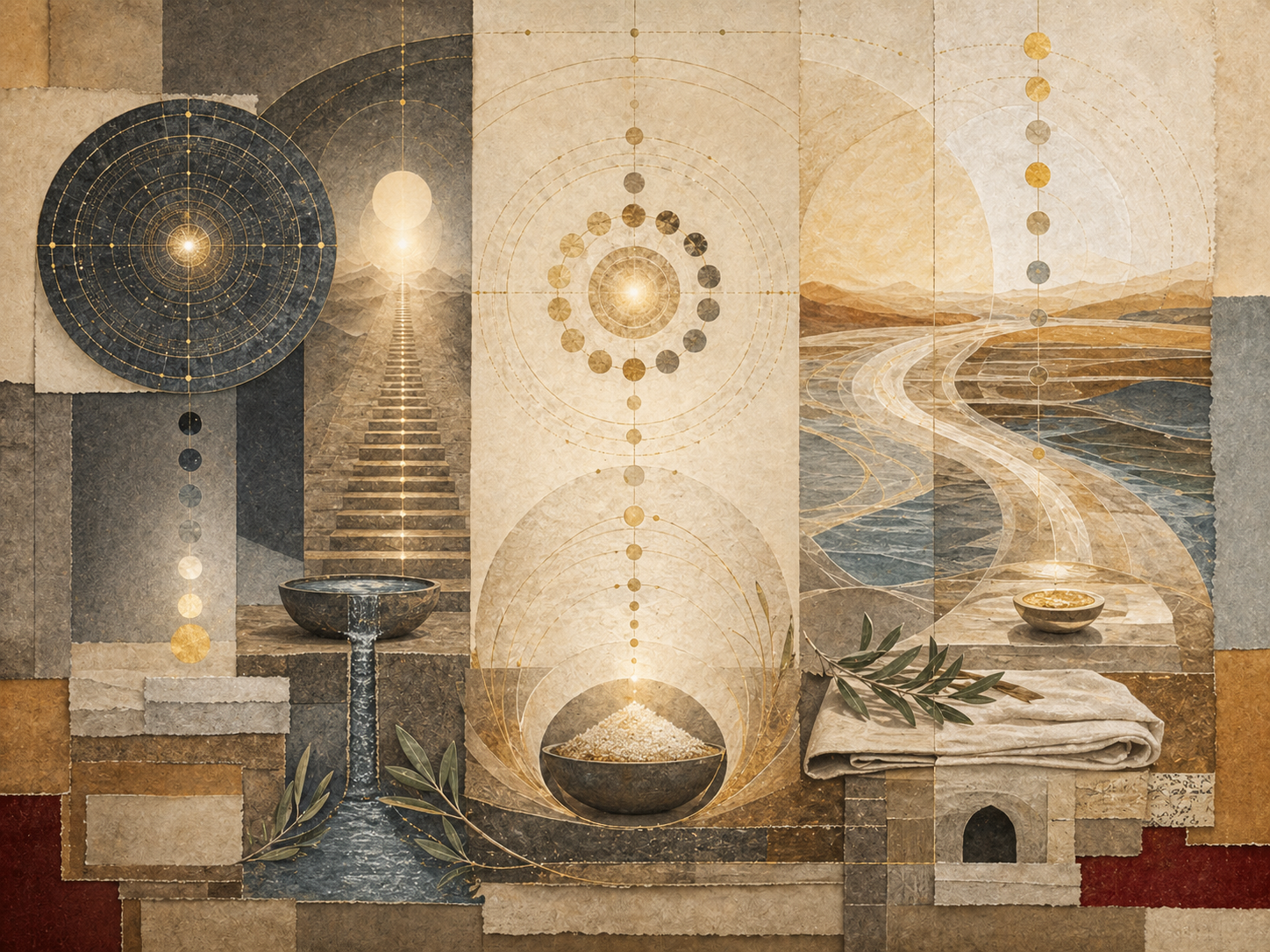 Non-figurative editorial illustration of layered parchment, luminous sacred-time geometry, water basin, grain-like charity vessel, olive branches, folded linen, desert pathways, circular renewal forms, and soft gold illumination representing Ramadan, zakat al-fitr, and Eid al-Fitr.