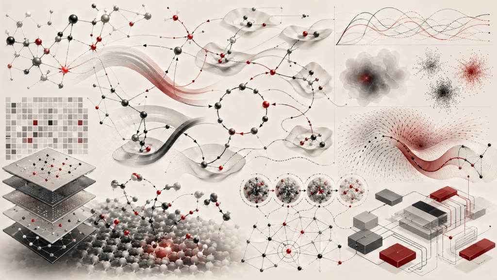 Abstract editorial scientific illustration of reaction networks, chemical systems modeling, molecular nodes, branching pathways, flux ribbons, feedback loops, matrix-like data layers, uncertainty fields, and computational chemistry workflows in cream, gray, black, and deep red.