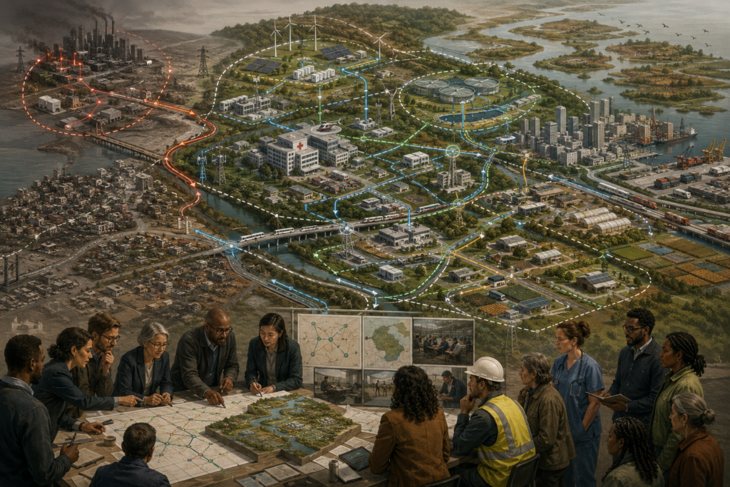 Editorial illustration showing a resilient urban-regional system with modular infrastructure, backup pathways, distributed energy, wetlands, transport alternatives, and planners coordinating containment of local disruption.