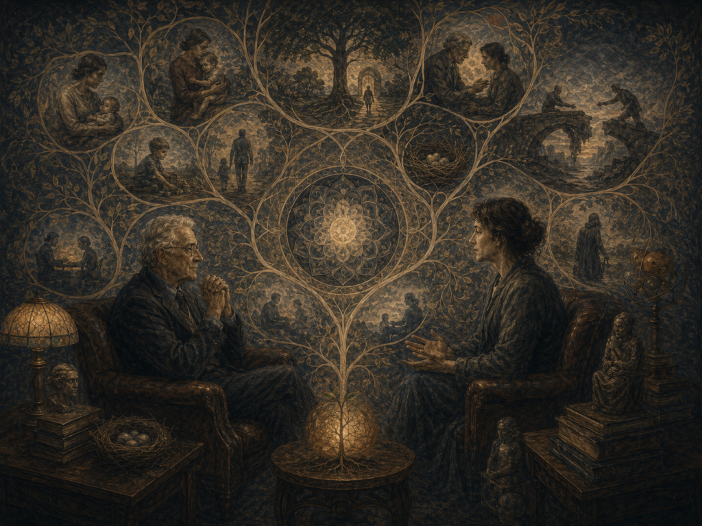 An analyst and client sit in dialogue beneath a branching symbolic tree filled with scenes of attachment, childhood, relational repair, development, and psychological growth.