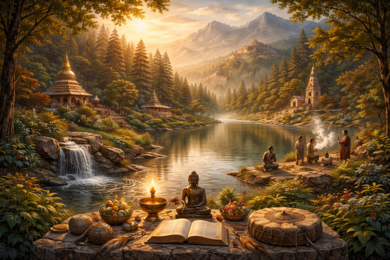 Sacred natural landscape with lake, forest, mountains, ritual objects, shrine structures, and people in prayer and contemplation representing religion and ecology.