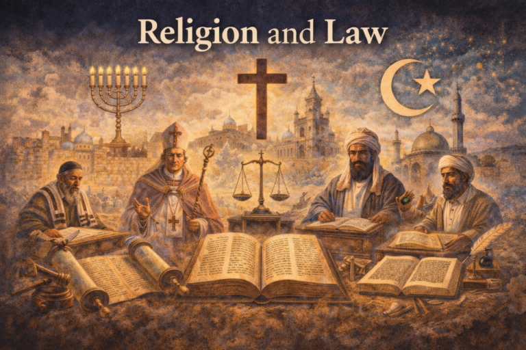 A composite illustration of Jewish, Christian, and Islamic legal traditions featuring a menorah, cross, crescent, scholars with sacred texts, scales of justice, and religious architecture in the background.