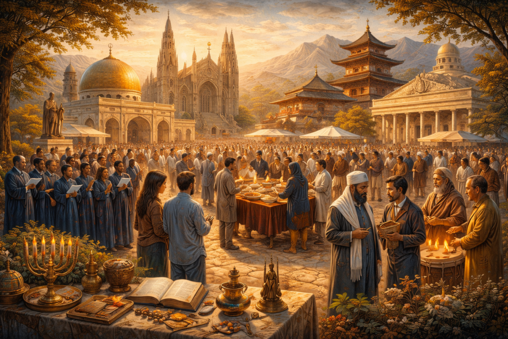 Symbolic public scene with diverse religious communities, sacred buildings, civic space, ritual objects, and social gathering representing religion’s role in public life.