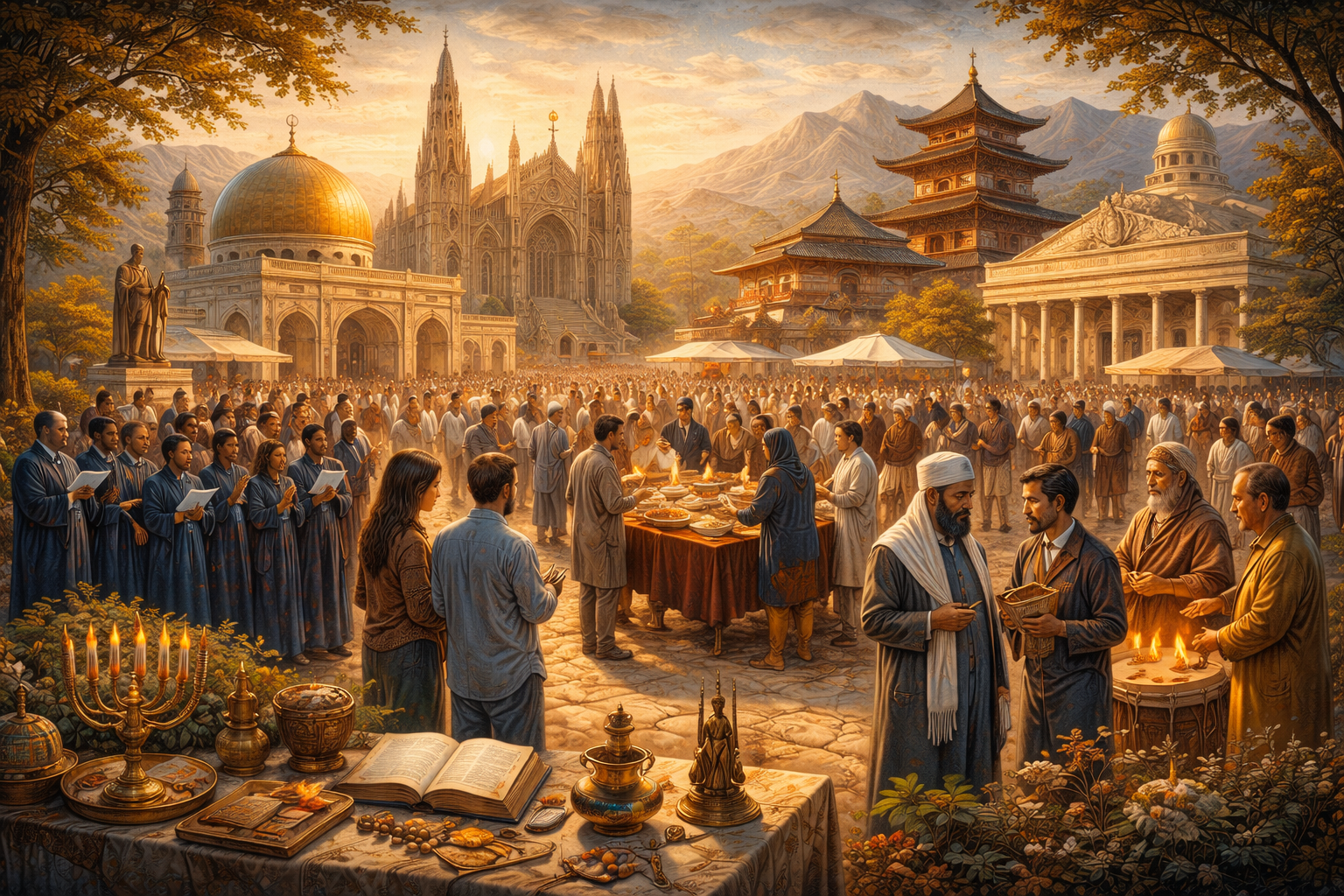 Symbolic public scene with diverse religious communities, sacred buildings, civic space, ritual objects, and social gathering representing religion’s role in public life.