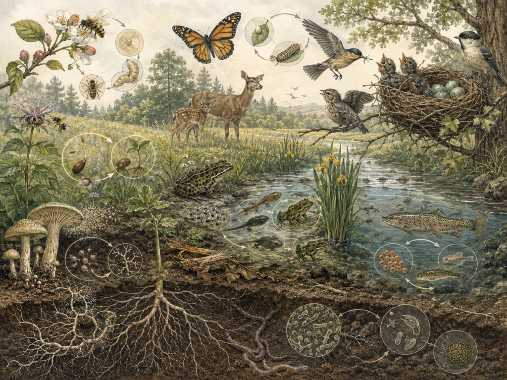 Research-grade ecological systems illustration showing forest, meadow, wetland, stream, soil, roots, fungi, insects, birds, mammals, amphibians, fish, pollinators, decomposers, and subtle ecological network diagrams.