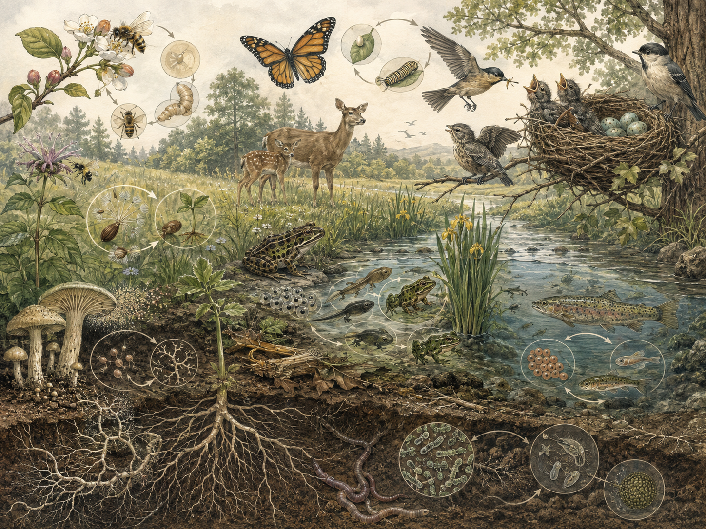 Research-grade biological systems illustration showing cells dividing, chromosomes, gametes, seeds, embryos, larvae, adult organisms, plant life cycles, aquatic life stages, soil organisms, and subtle generational continuity diagrams.
