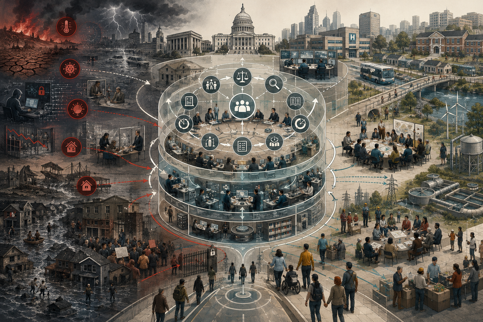 Editorial illustration of resilience governance showing adaptive institutions, accountability, public oversight, community participation, infrastructure systems, and vulnerable communities connected through feedback loops and civic decision-making.