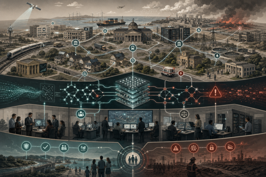 Editorial illustration of AI-enabled public systems, infrastructure, finance, and human oversight centers showing both resilience benefits and systemic risks in automated systems.