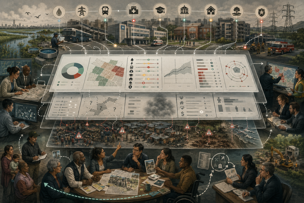 Editorial illustration showing a layered resilience dashboard over a city and infrastructure landscape, with planners, analysts, officials, and community members examining indicators, uncertainty, hidden vulnerability, and blind spots in resilience measurement.