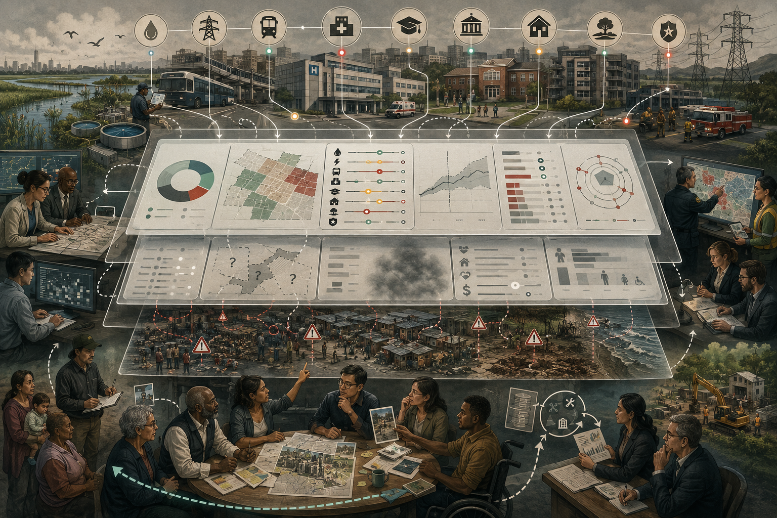Editorial illustration showing a layered resilience dashboard over a city and infrastructure landscape, with planners, analysts, officials, and community members examining indicators, uncertainty, hidden vulnerability, and blind spots in resilience measurement.