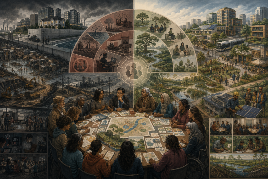 Editorial systems illustration showing a diverse group around a strategy table comparing unjust resilience with ethical transformation across housing, infrastructure, ecology, public services, and community participation.
