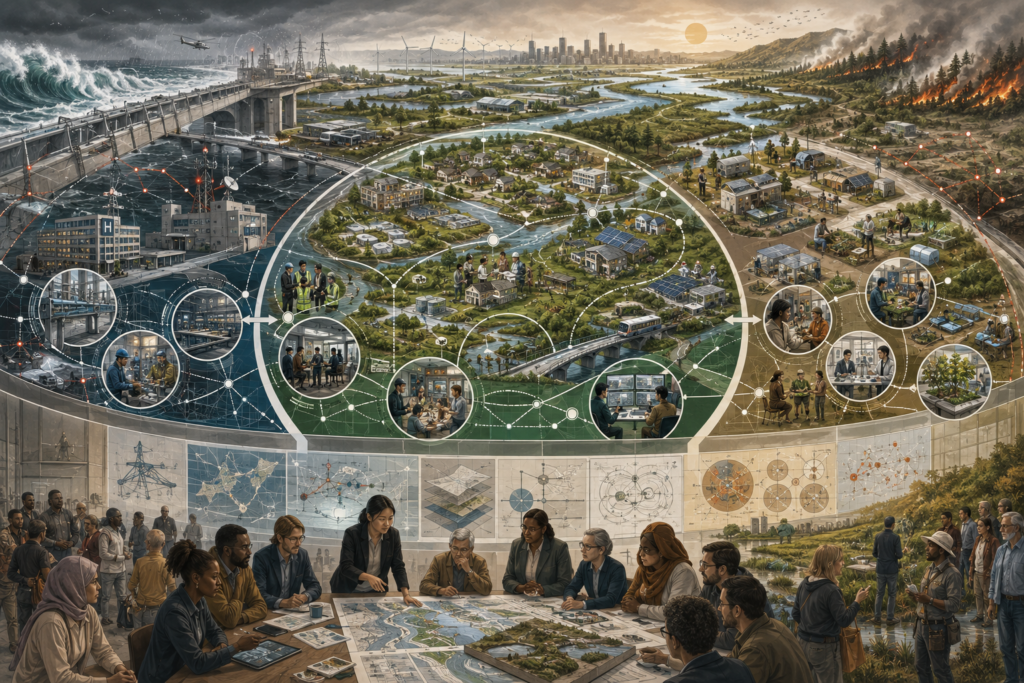 Editorial illustration showing three system-response modes under stress: robust infrastructure resisting disruption, resilient communities adapting and recovering, and bounded experimentation enabling learning without unacceptable harm.